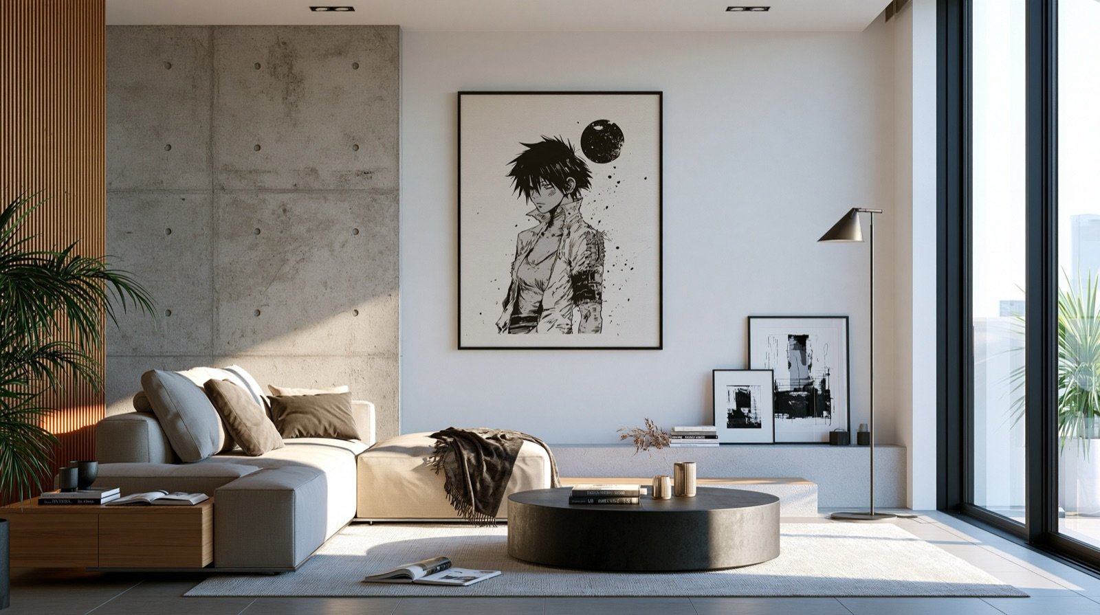 Dessin à l’encre d’un jeune homme sous une lune noire, encadré dans un salon de béton.