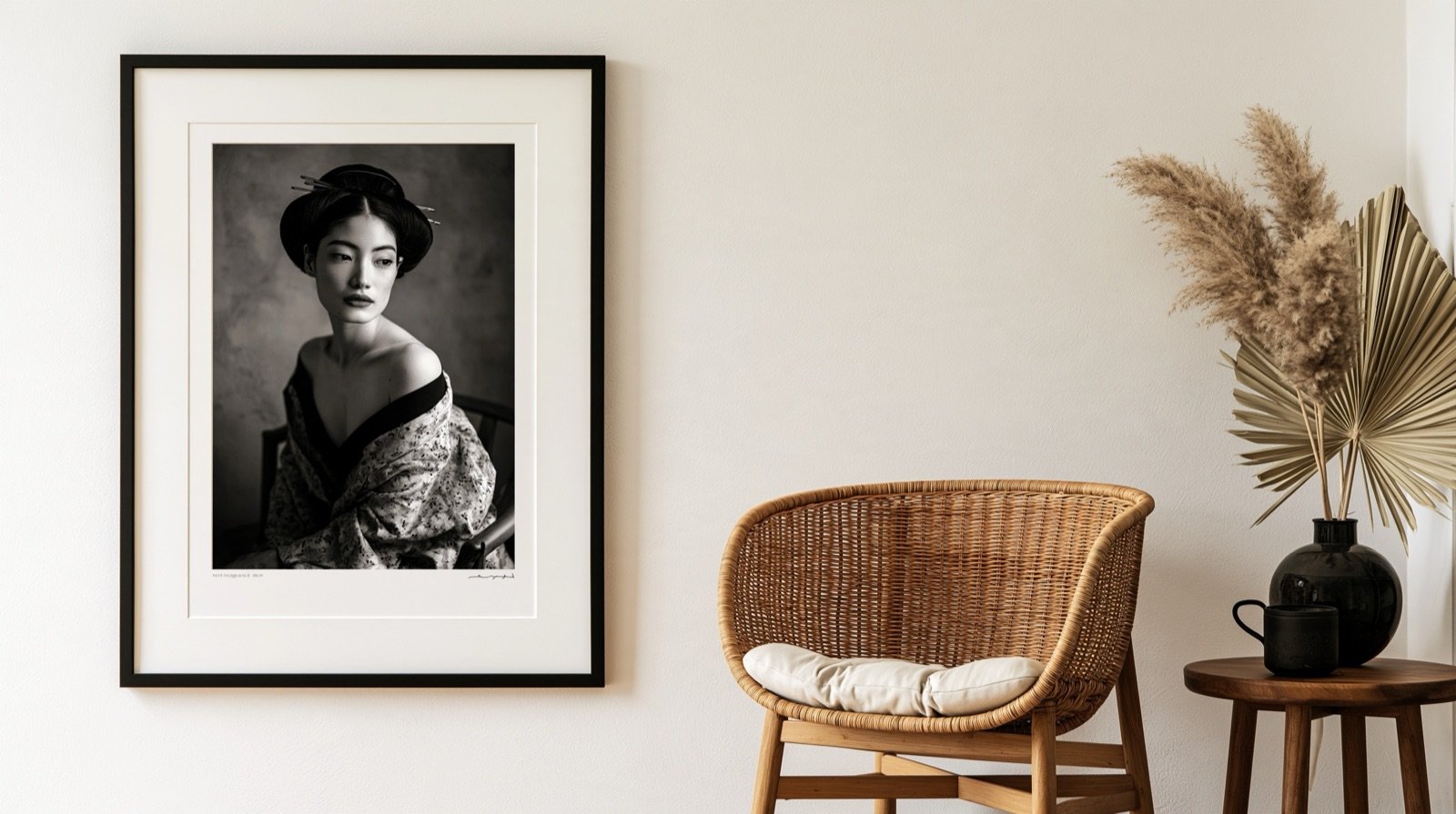 Portrait en noir et blanc d’une femme au kimono glissé sur l’épaule, près d’un fauteuil en rotin.