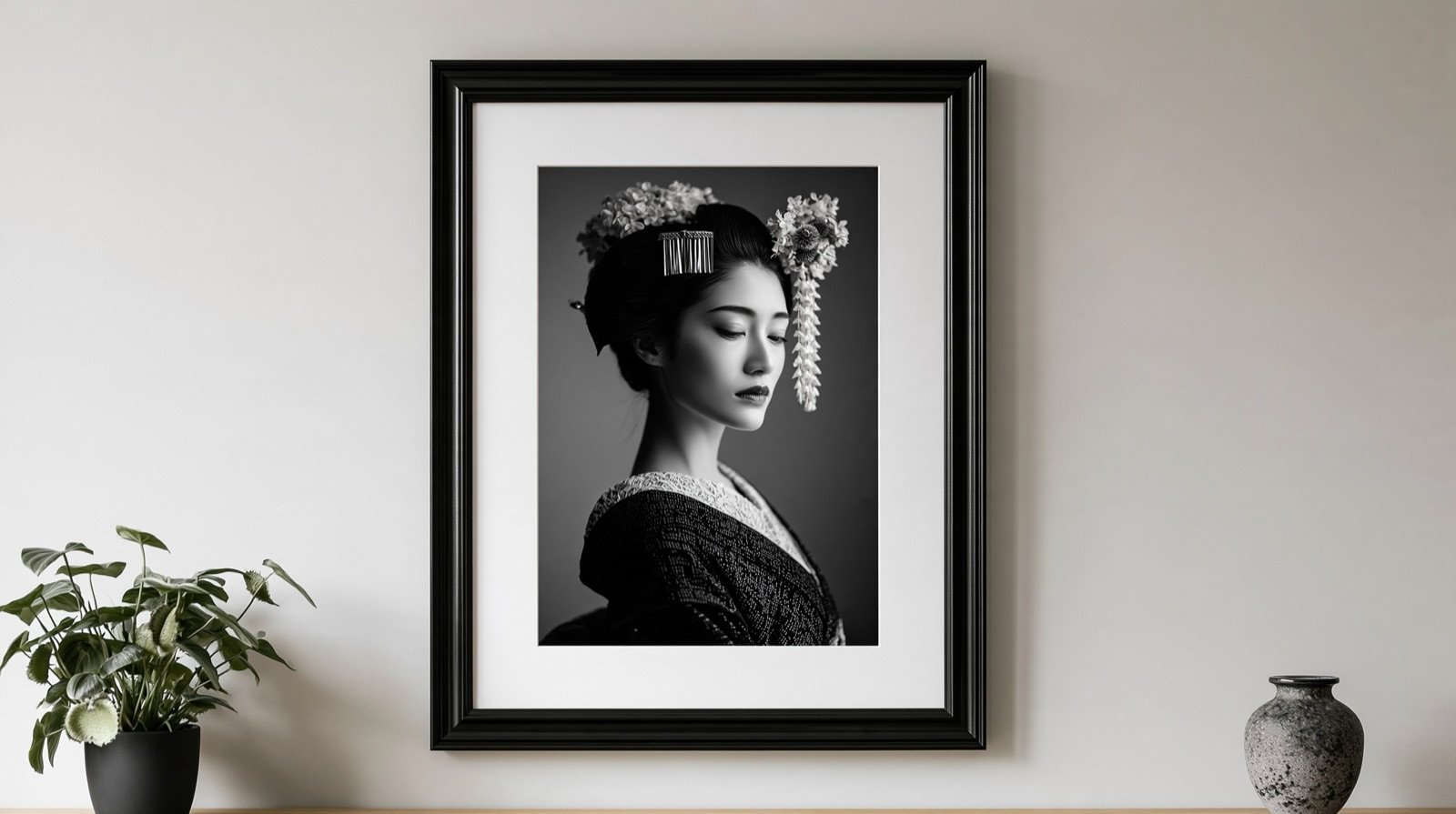 Portrait en noir et blanc d’une jeune maiko aux yeux fermés, dans un cadre noir.