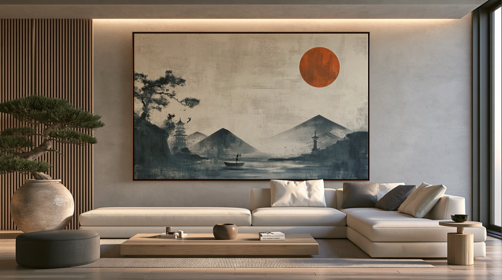 Lavis à l’encre de montagnes et d’un lac sous un soleil rouge, au-dessus d’un canapé blanc.
