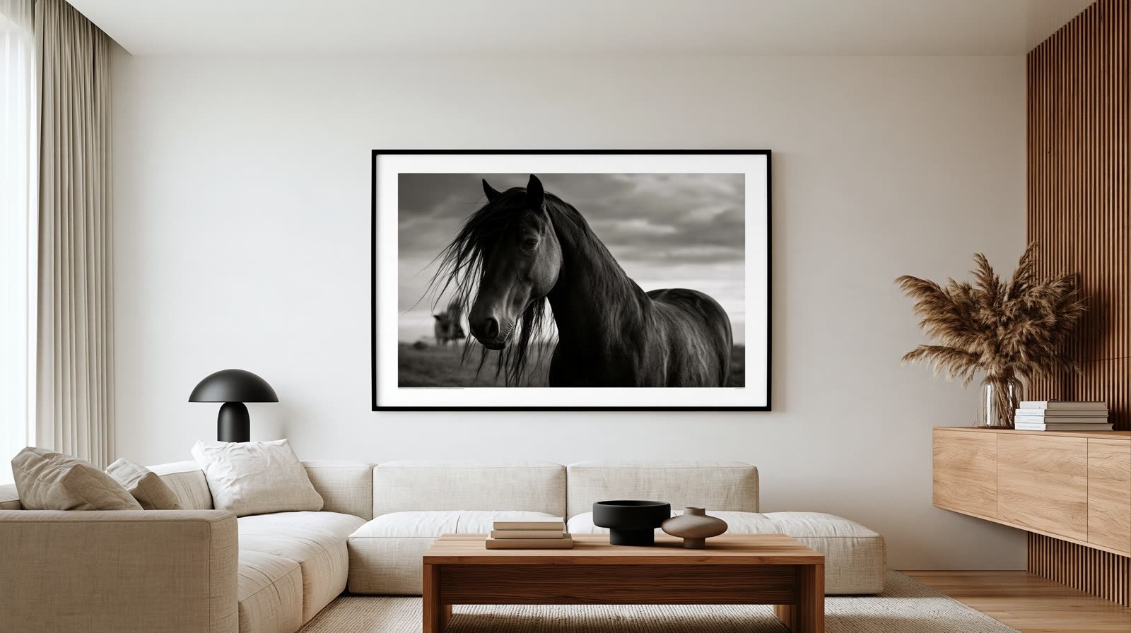 Photographie d’un cheval noir encadrée au-dessus d’un canapé blanc.