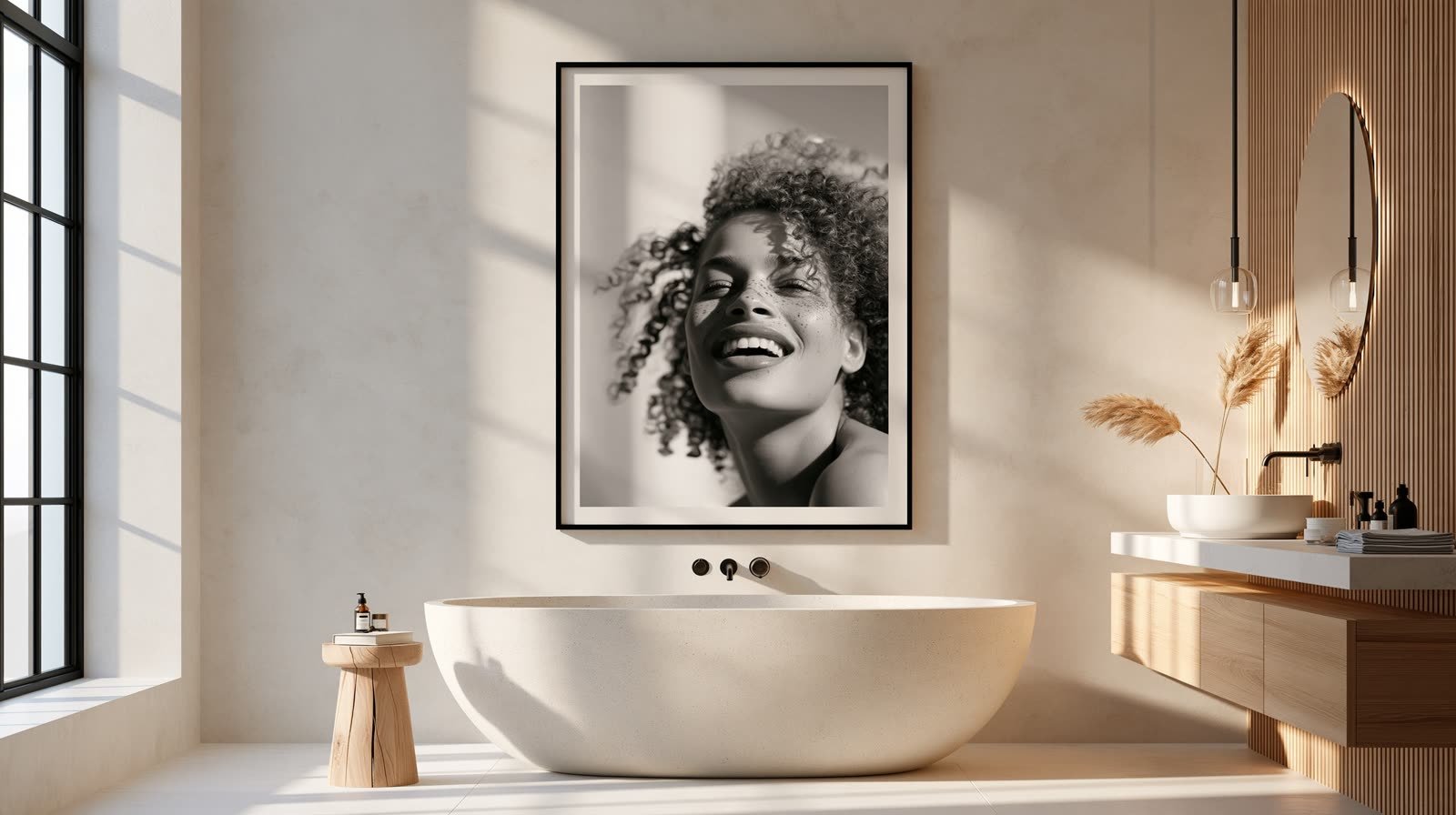 Le portrait en noir et blanc d’une jeune femme aux cheveux bouclés, la tête renversée, au-dessus d’une baignoire.