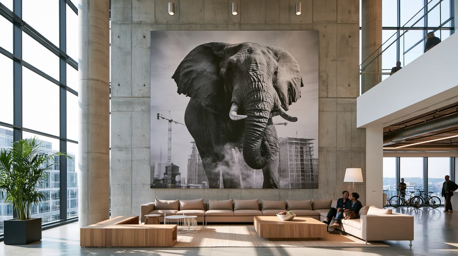 Un éléphant photographié de face, tirage de plusieurs mètres dans un atrium de béton et de verre.