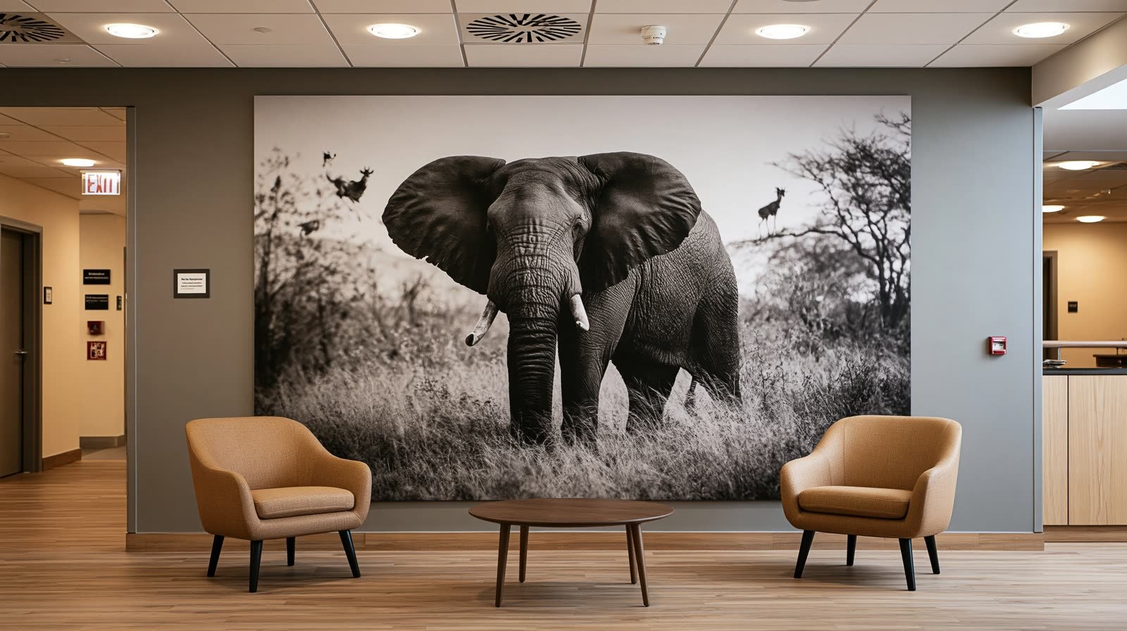 Un éléphant dans la savane, tirage mural géant dans un hall d’accueil meublé de fauteuils.