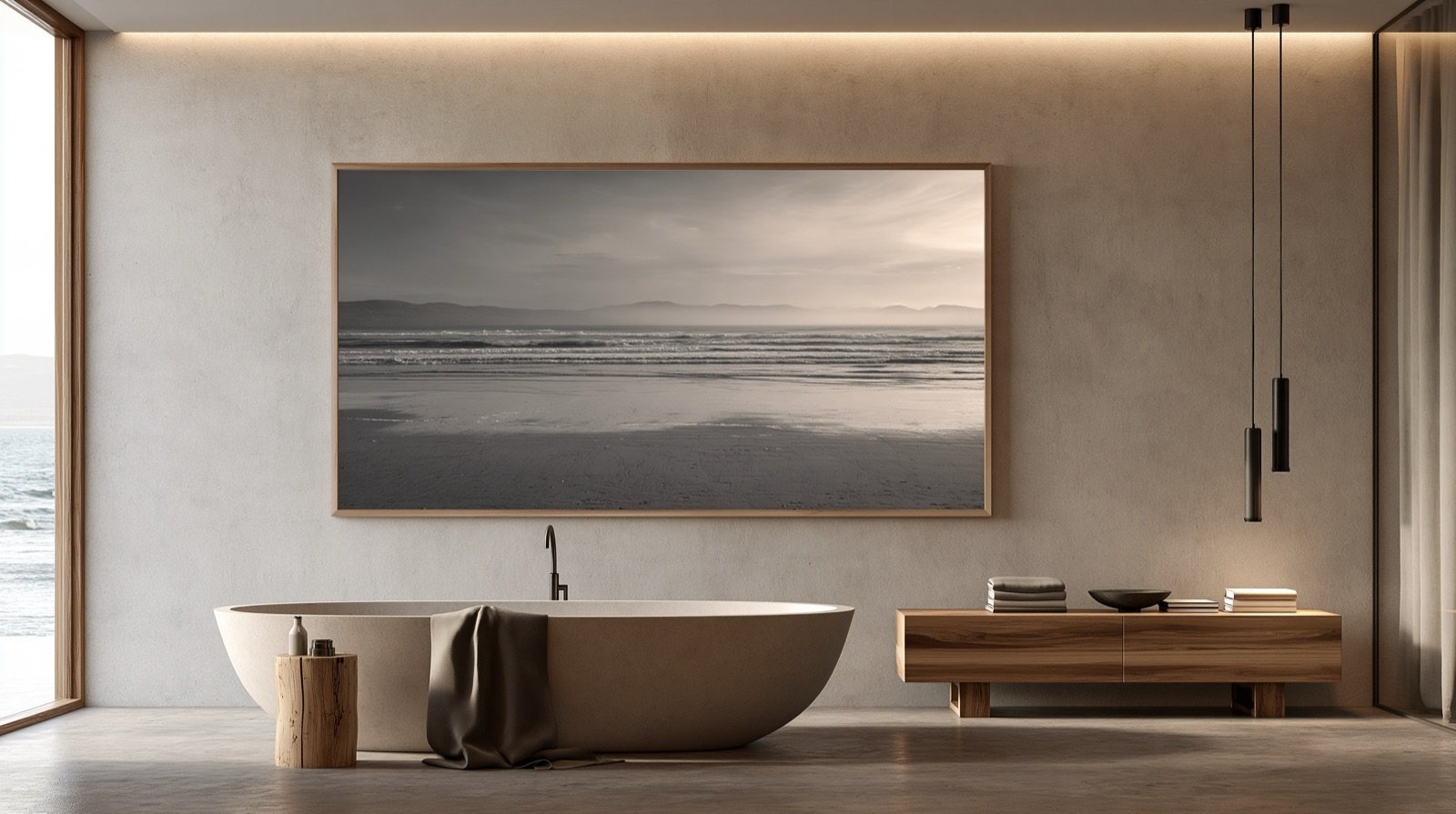 Photographie d’une mer grise et calme au-dessus d’une baignoire de pierre.