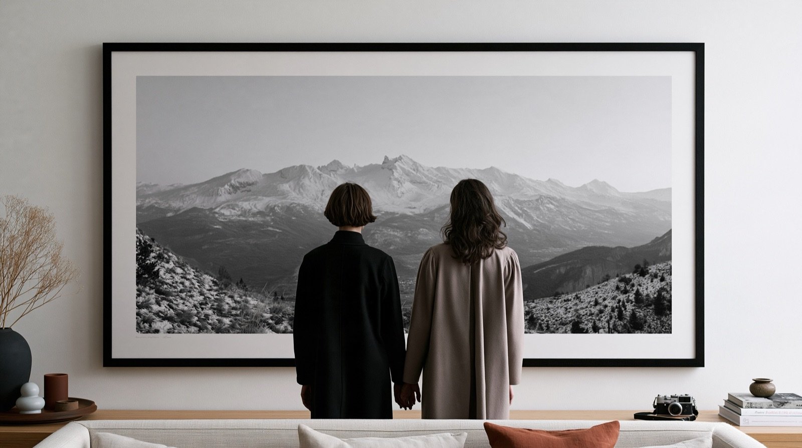 Deux femmes de dos, main dans la main, devant un tirage de montagnes enneigées.