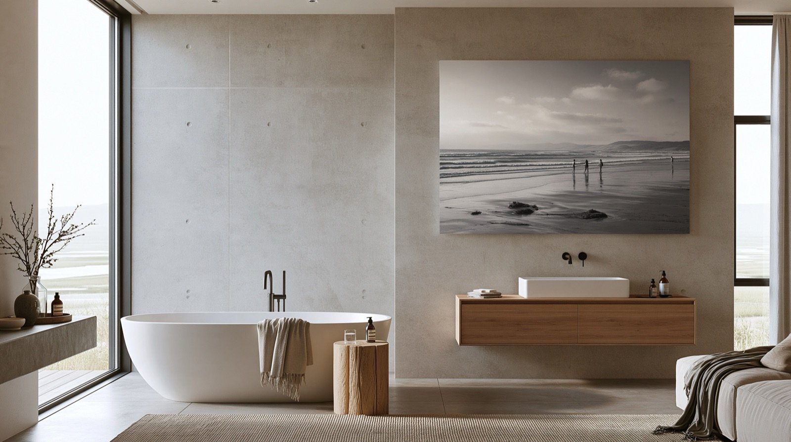 Photographie d’une plage à marée basse au-dessus d’une vasque de salle de bain.