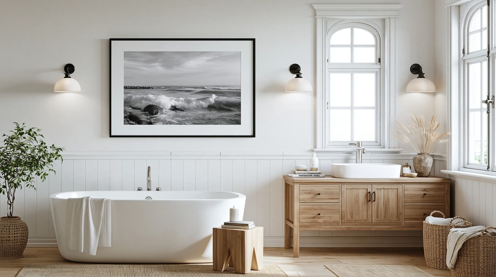 Une photographie de mer en noir et blanc au-dessus d’une baignoire blanche, sous une fenêtre cintrée.