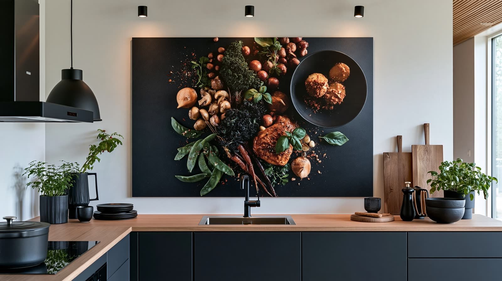 Une grande photographie culinaire sur fond noir au-dessus d’un plan de travail : une viande, des légumes, des épices.
