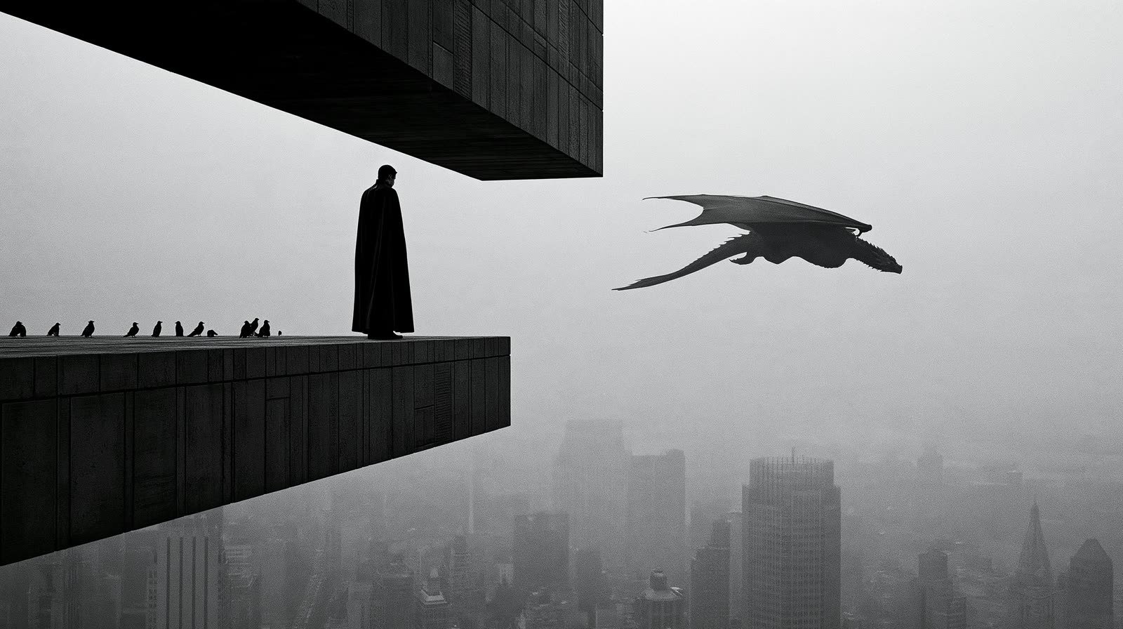 Une silhouette en manteau au bord d’une dalle de béton suspendue au-dessus d’une ville dans la brume, un grand oiseau noir dans le ciel.