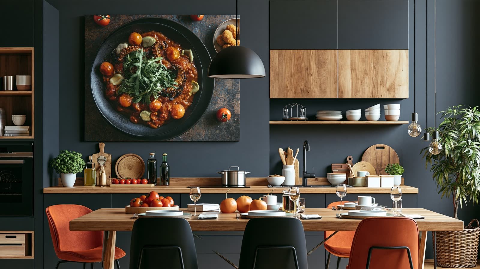 Une photographie culinaire vue du dessus, une poêle de légumes, accrochée au-dessus d’une grande table.