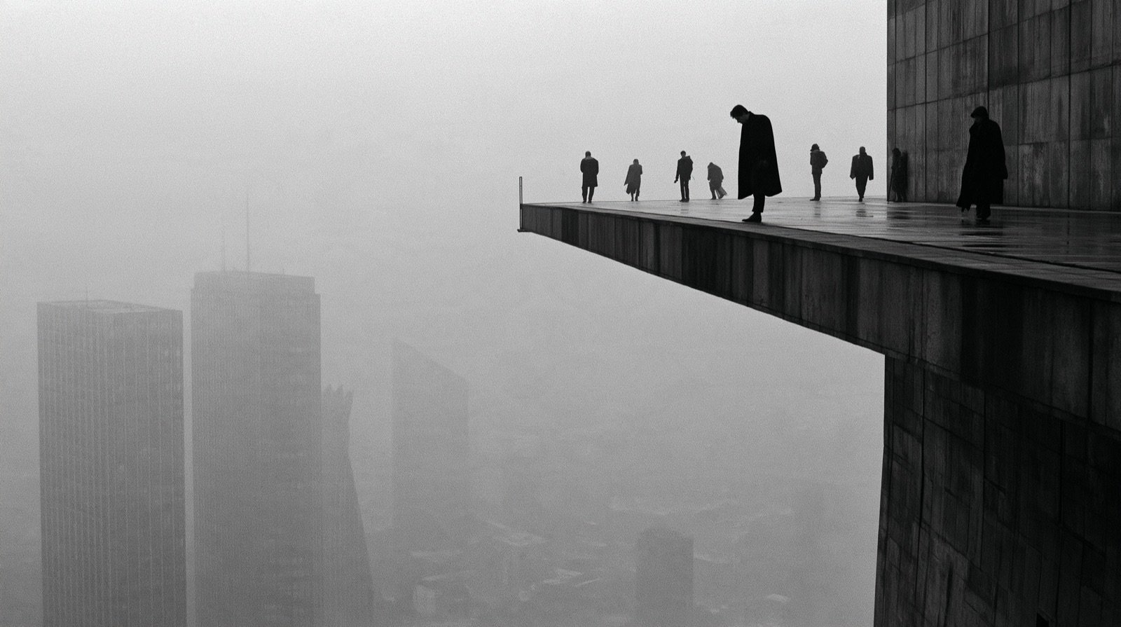 Silhouettes au bord d’une dalle suspendue, au-dessus d’une ville dans le brouillard.