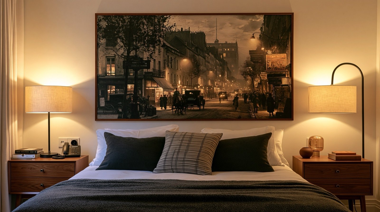 Grande image sépia d’un boulevard ancien au crépuscule, au-dessus d’un lit.