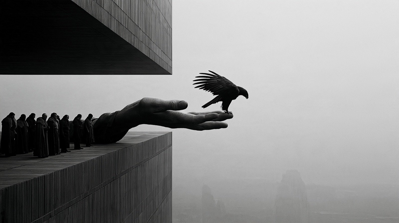 Une main immense tendue dans le vide, un oiseau noir s’y pose.