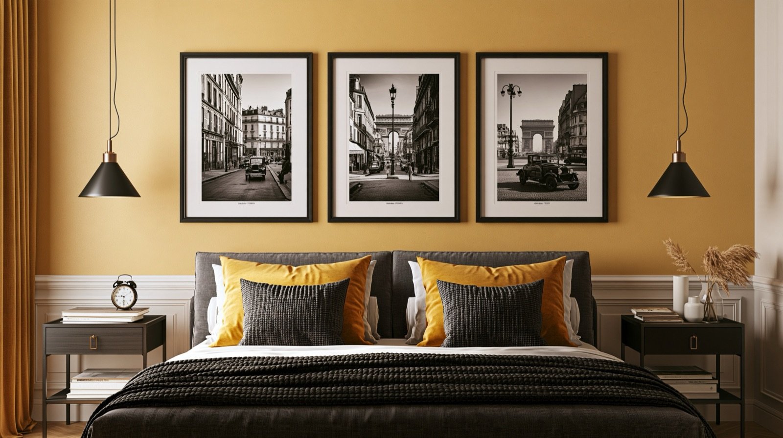 Trois photographies de rues anciennes au-dessus d’un lit, sur un mur jaune.