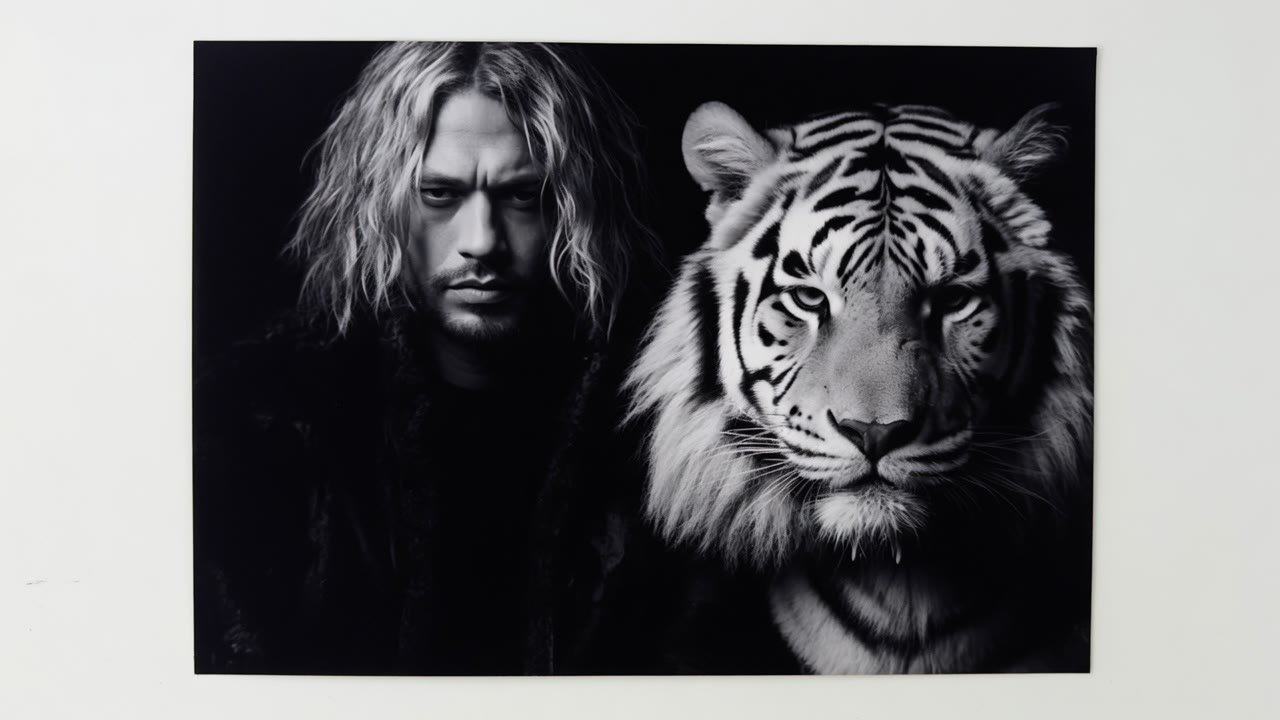 Portrait en noir et blanc d’un homme aux cheveux longs, à côté d’un tigre blanc, tirage accroché au mur.