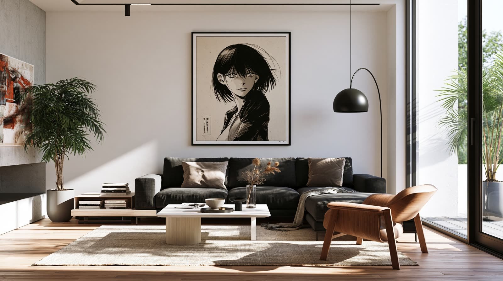 Portrait à l’encre d’une jeune femme aux cheveux courts, encadré dans un salon lumineux.