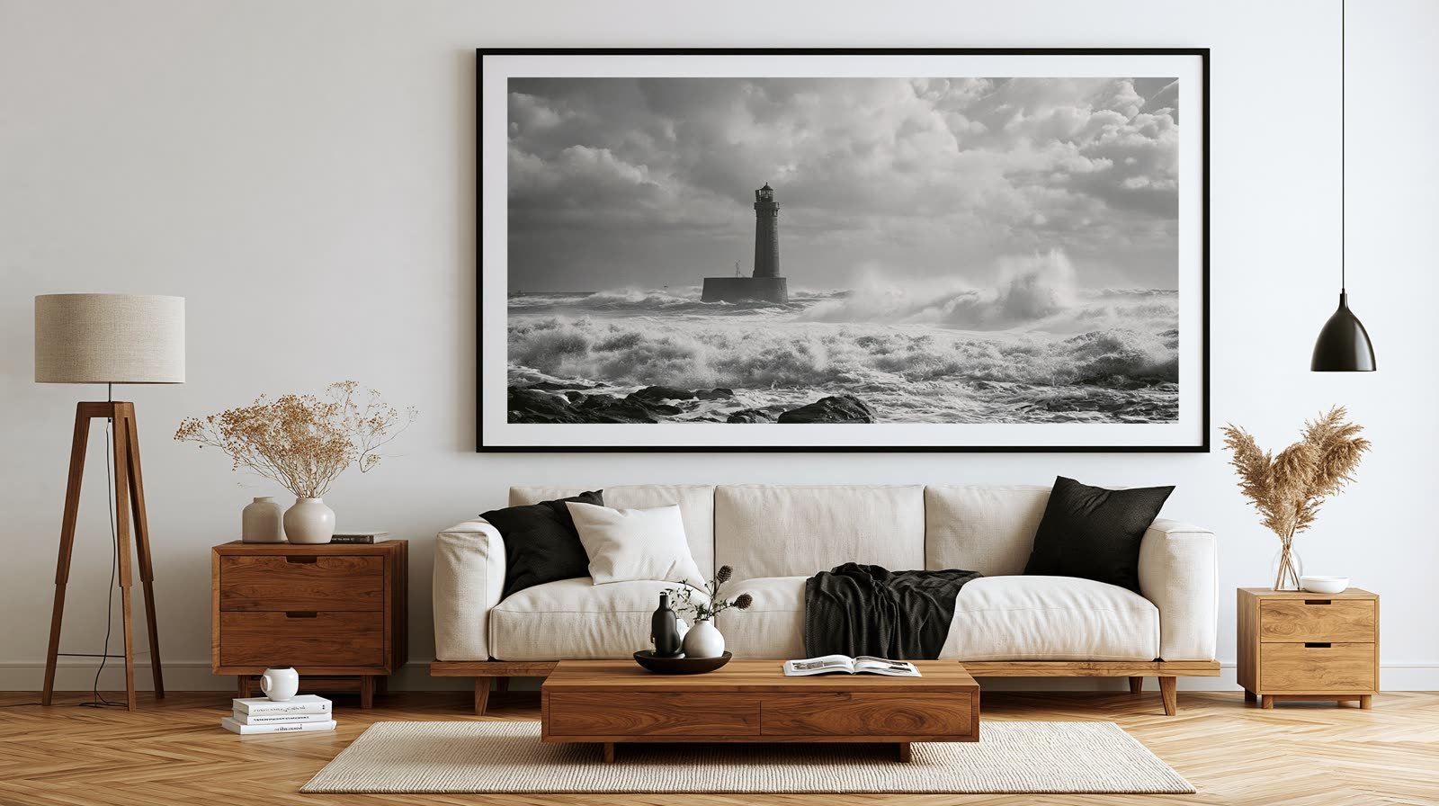 Un phare battu par une mer déchaînée, photographie panoramique encadrée au-dessus d’un canapé blanc.