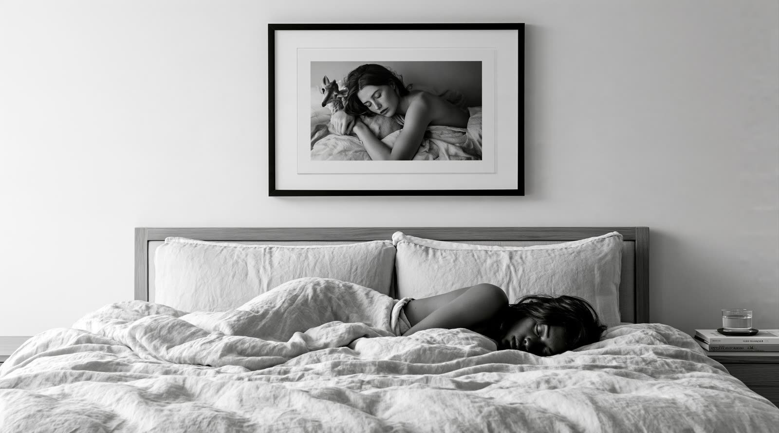Le portrait en noir et blanc d’une femme endormie, encadré au-dessus d’un lit défait.