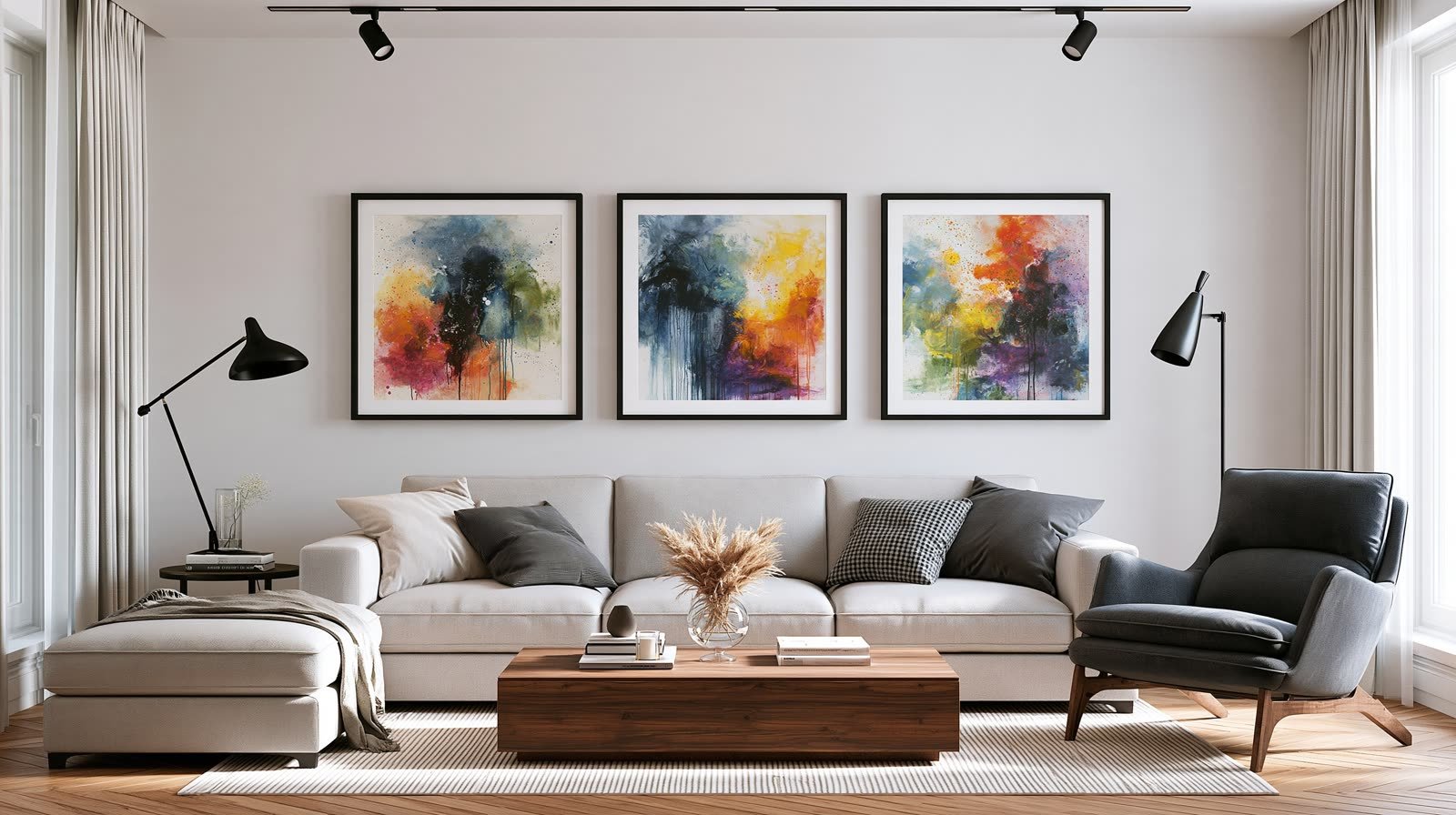 Trois toiles abstraites aux couleurs vives accrochées côte à côte au-dessus d’un canapé.