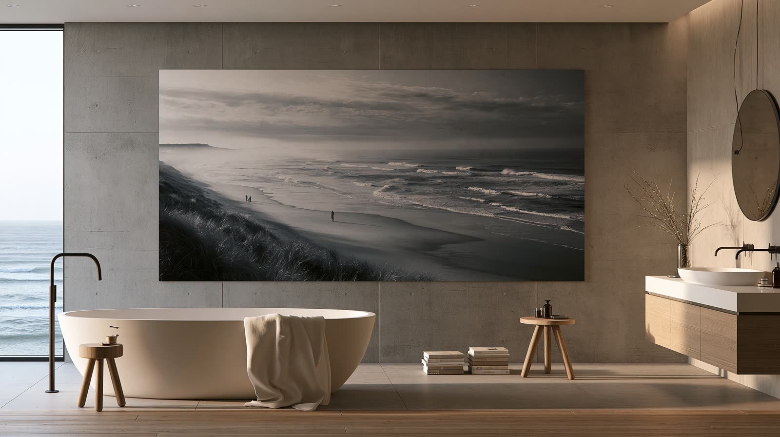 Une mer en noir et blanc, grand format, au-dessus d’une baignoire en pierre.